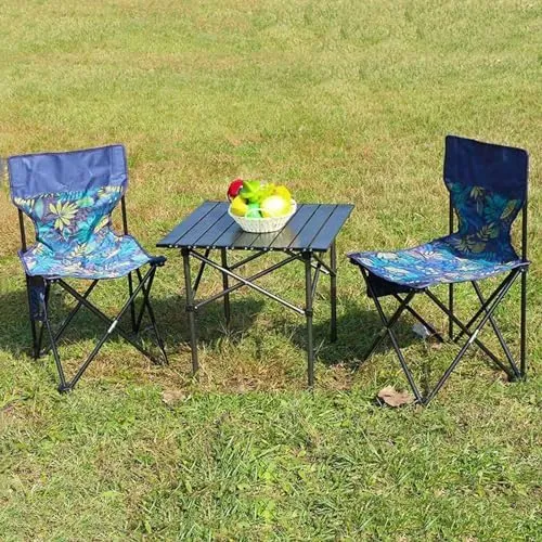 Folding Outdoor Camping Picnic Tables and Chairs, Carbon Steel Foldable Roll-up Table Top Small Table, Portable Fishing Chair Set, Easy to Assemble