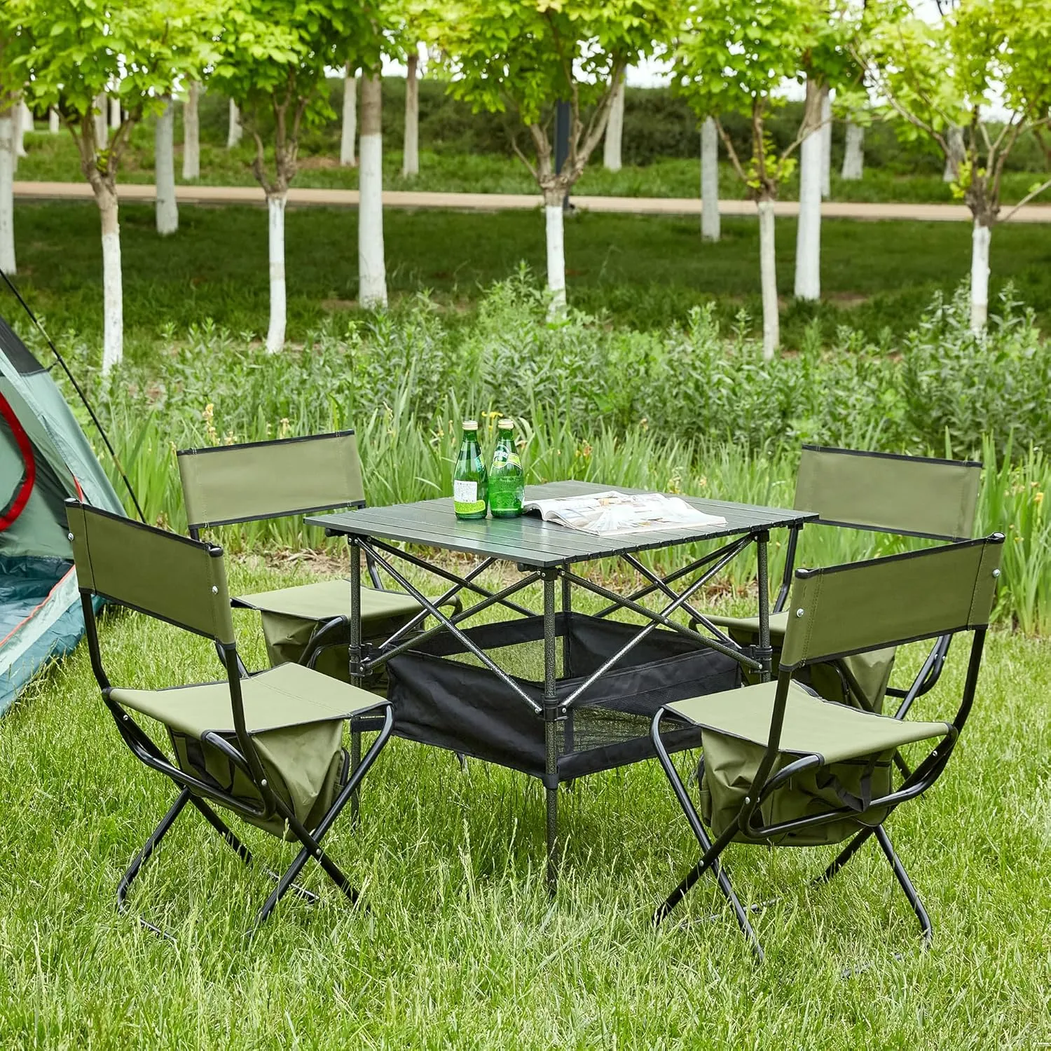 Folding Outdoor Table and Chairs Set for Camping and Picnics, Lightweight Aluminum Table, Gray and Black