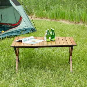 Folding Outdoor Table Lightweight Aluminum Roll-up Rectangular for Camping and Outdoor Use, Brown