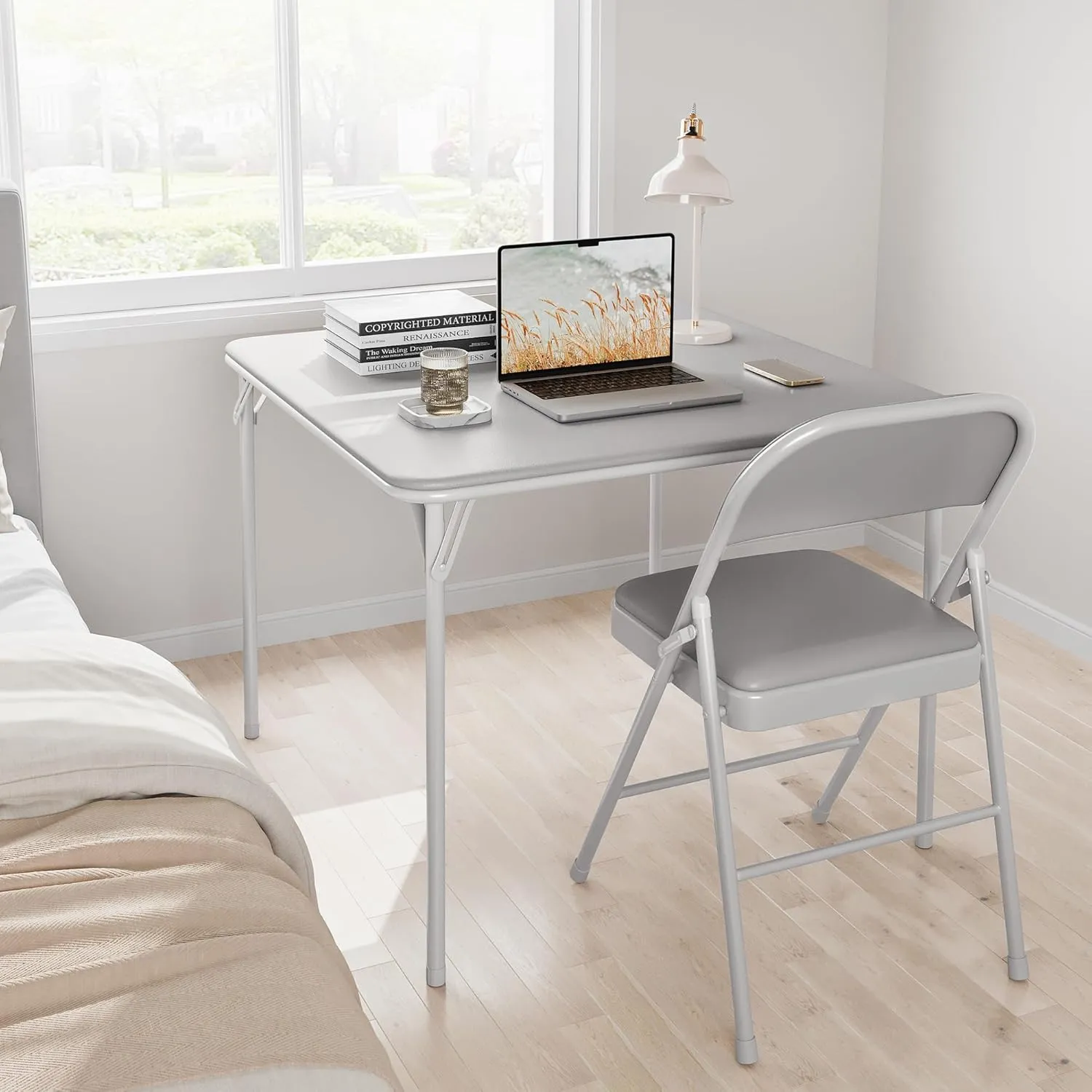 Folding Portable Card Table and Foldable Chair Set of 5, Pu Upholstered Foldable Chairs and Table With Metal Frame, Folding Table and Chair Suitable for Dining Room, Living Room, Office, Camping-Grey