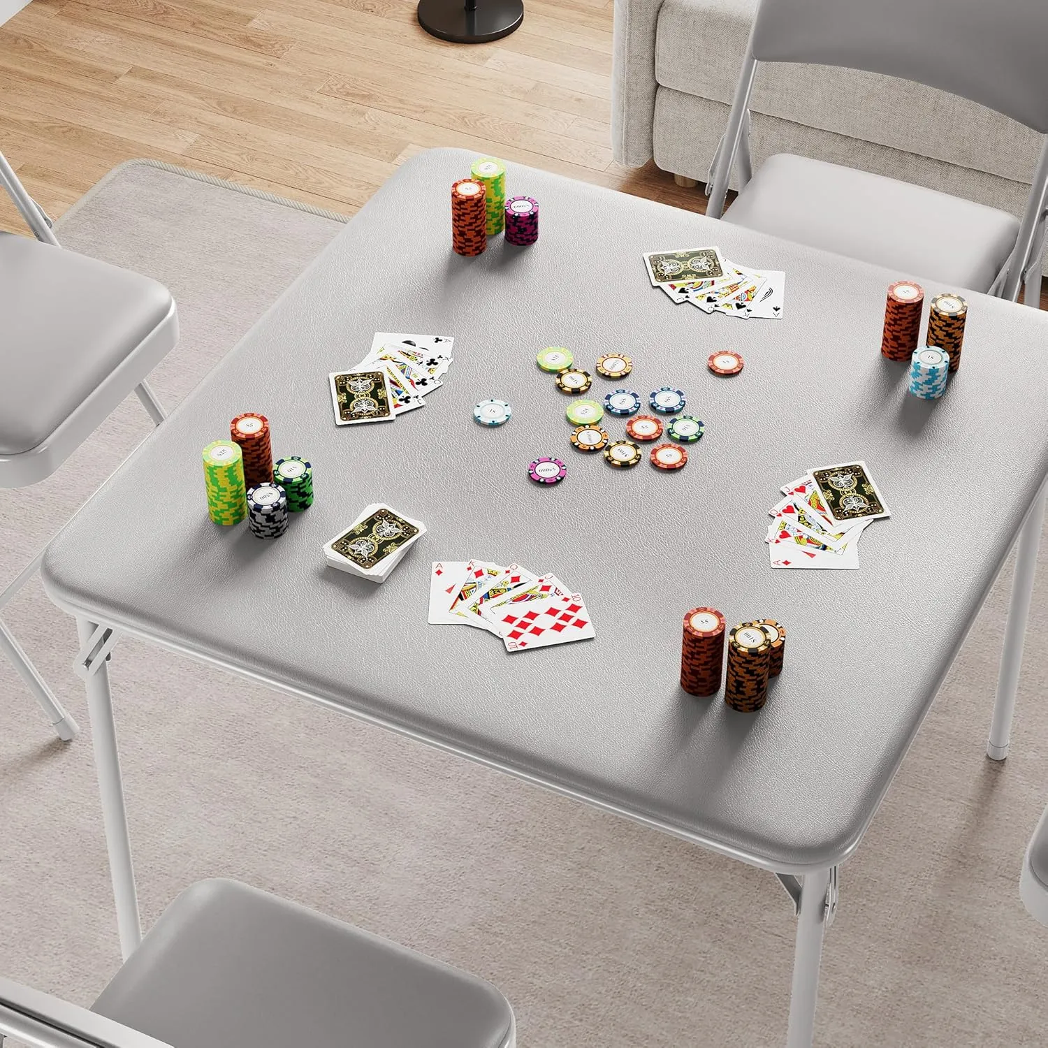 Folding Portable Card Table and Foldable Chair Set of 5, Pu Upholstered Foldable Chairs and Table With Metal Frame, Folding Table and Chair Suitable for Dining Room, Living Room, Office, Camping-Grey
