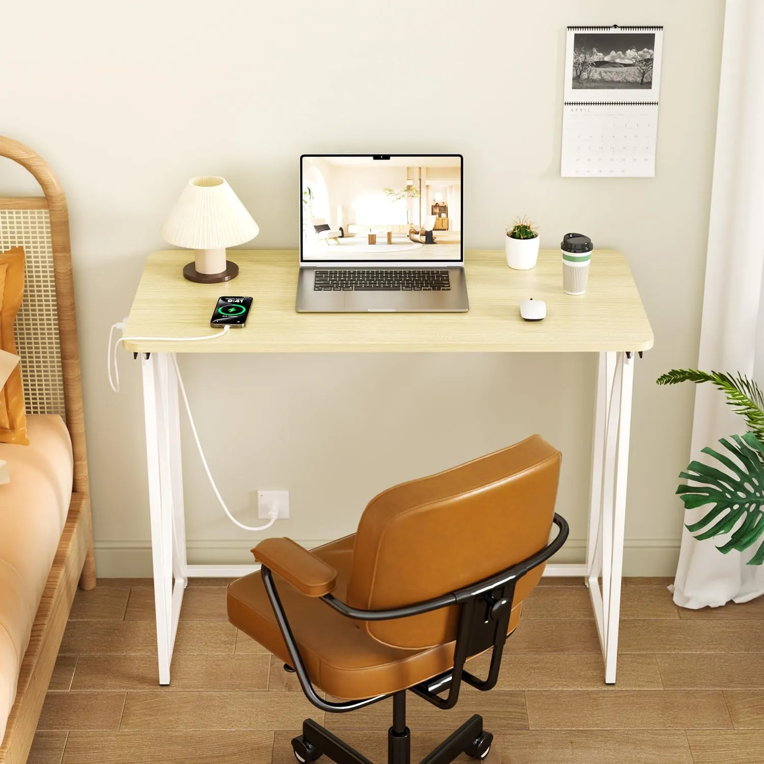 Folding Table, 31.5" Small Desk for Bedroom with Power Outlet, Space Saving Foldable Computer Desk for Home Office, Easy Assembly, Beige