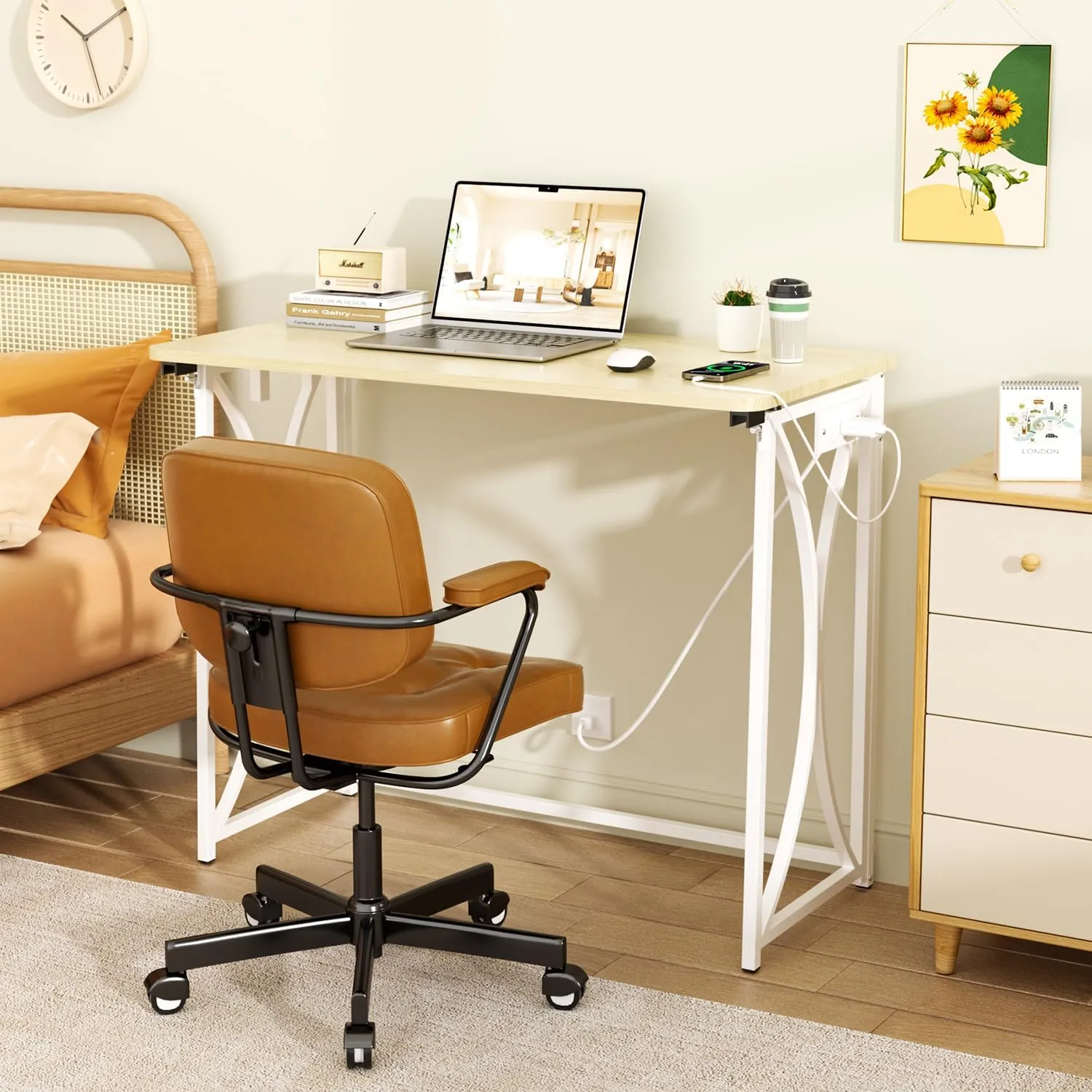 Folding Table, 31.5" Small Desk for Bedroom with Power Outlet, Space Saving Foldable Computer Desk for Home Office, Easy Assembly, Beige