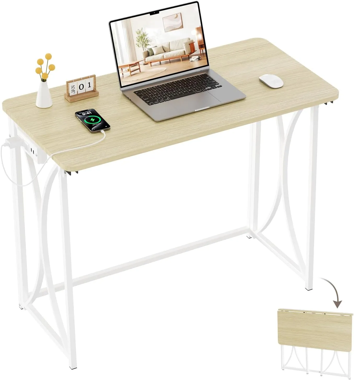 Folding Table, 31.5" Small Desk for Bedroom with Power Outlet, Space Saving Foldable Computer Desk for Home Office, Easy Assembly, Beige