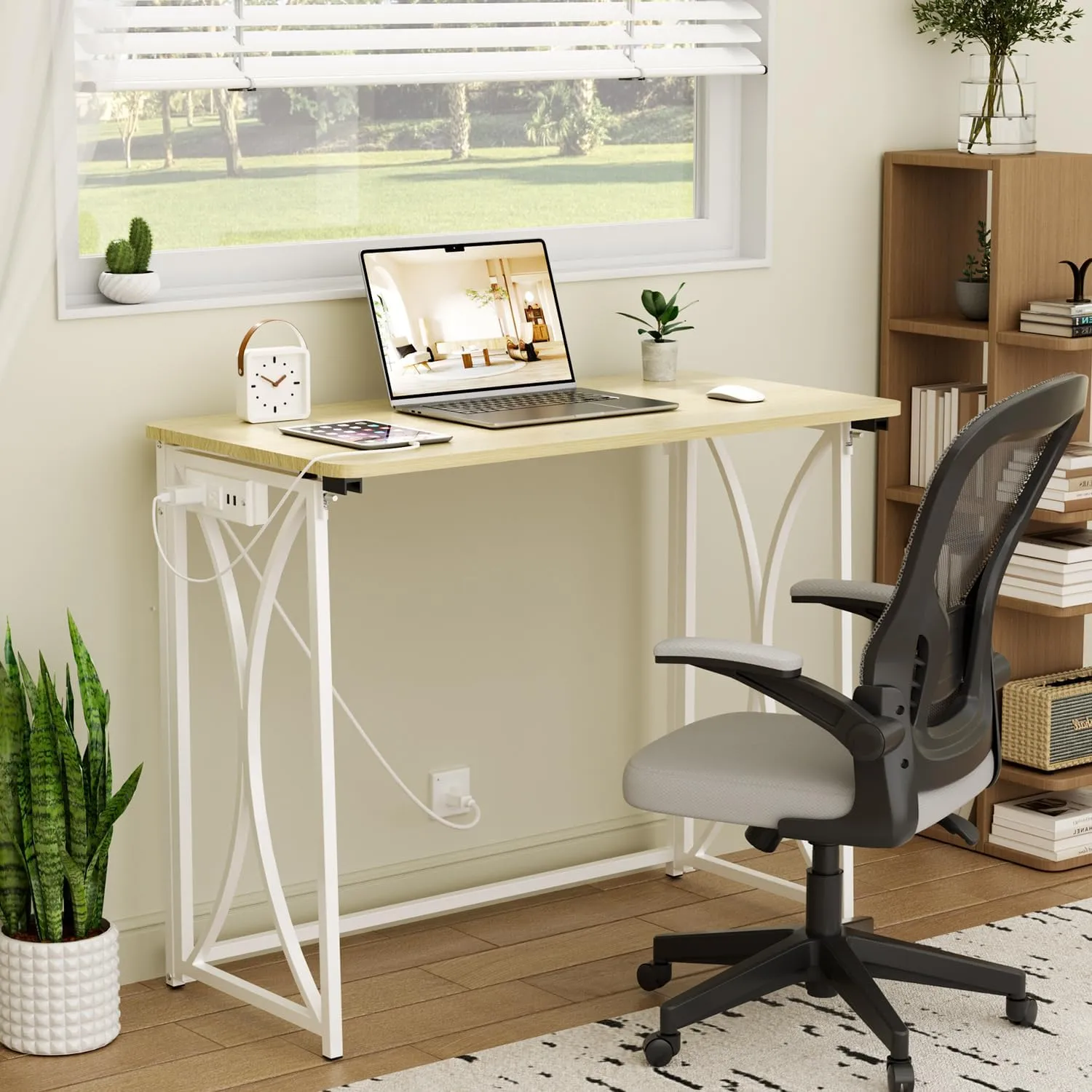 Folding Table, 31.5" Small Desk for Bedroom with Power Outlet, Space Saving Foldable Computer Desk for Home Office, Easy Assembly, Beige