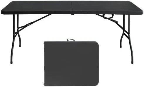 Folding Table 6FT, Heavy Duty Portable Plastic Folding Table with Handle, Anti-Slip Feet, Waterproof, Easy to Clean, 300LBS Capacity, Foldable for Indoor Outdoor Use(Black)