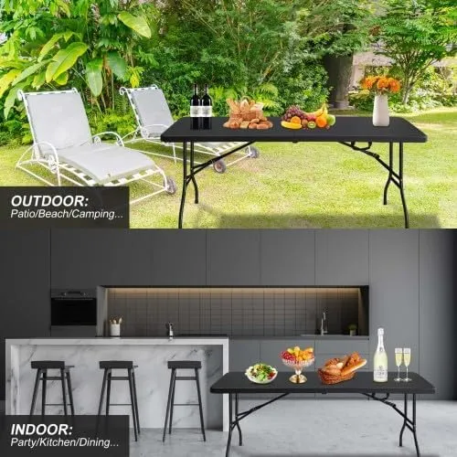 Folding Table 6FT, Heavy Duty Portable Plastic Folding Table with Handle, Anti-Slip Feet, Waterproof, Easy to Clean, 300LBS Capacity, Foldable for Indoor Outdoor Use(Black)