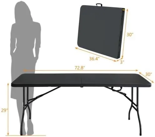 Folding Table 6FT, Heavy Duty Portable Plastic Folding Table with Handle, Anti-Slip Feet, Waterproof, Easy to Clean, 300LBS Capacity, Foldable for Indoor Outdoor Use(Black)