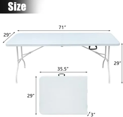Folding Table 6FT, Heavy Duty Portable Plastic Folding Table with Handle, Anti-Slip Feet, Waterproof, Easy to Clean, 300LBS Capacity, Foldable for Indoor Outdoor Use(White)