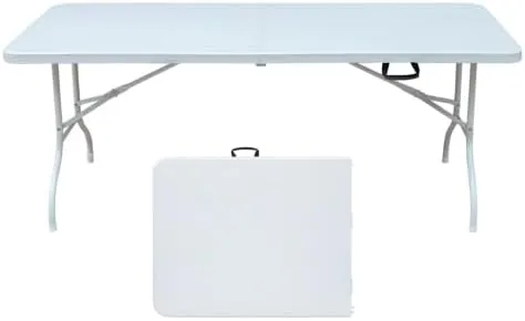 Folding Table 6FT, Heavy Duty Portable Plastic Folding Table with Handle, Anti-Slip Feet, Waterproof, Easy to Clean, 300LBS Capacity, Foldable for Indoor Outdoor Use(White)