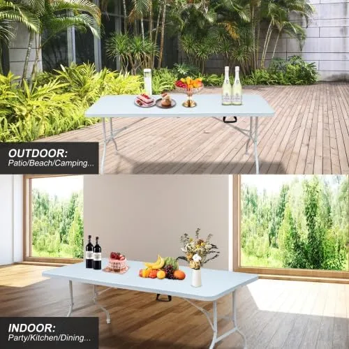 Folding Table 6FT, Heavy Duty Portable Plastic Folding Table with Handle, Anti-Slip Feet, Waterproof, Easy to Clean, 300LBS Capacity, Foldable for Indoor Outdoor Use(White)