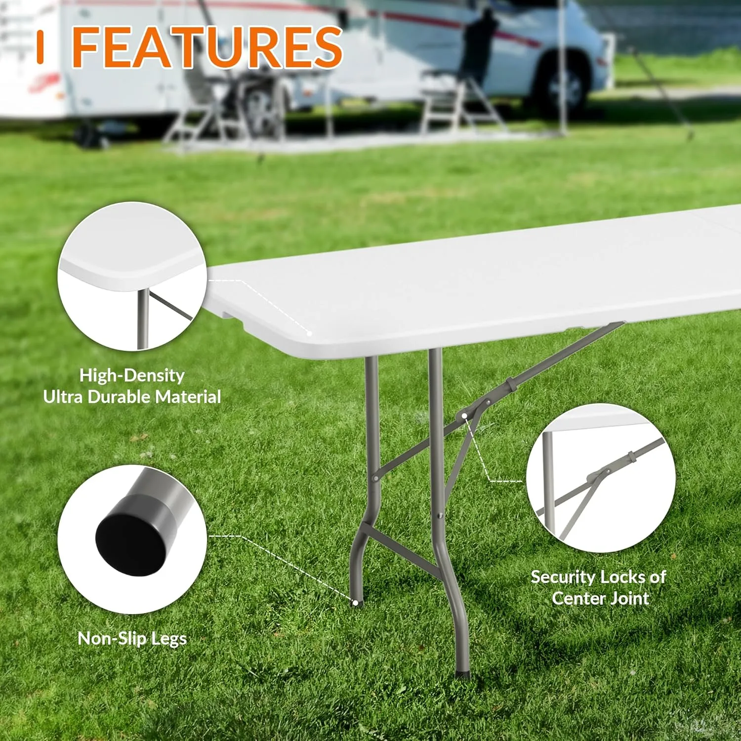 Folding Table, 8 Feet Heavy Duty Fold-in-Half Utility Table Indoor Outdoor for Camping, Picnic, Party