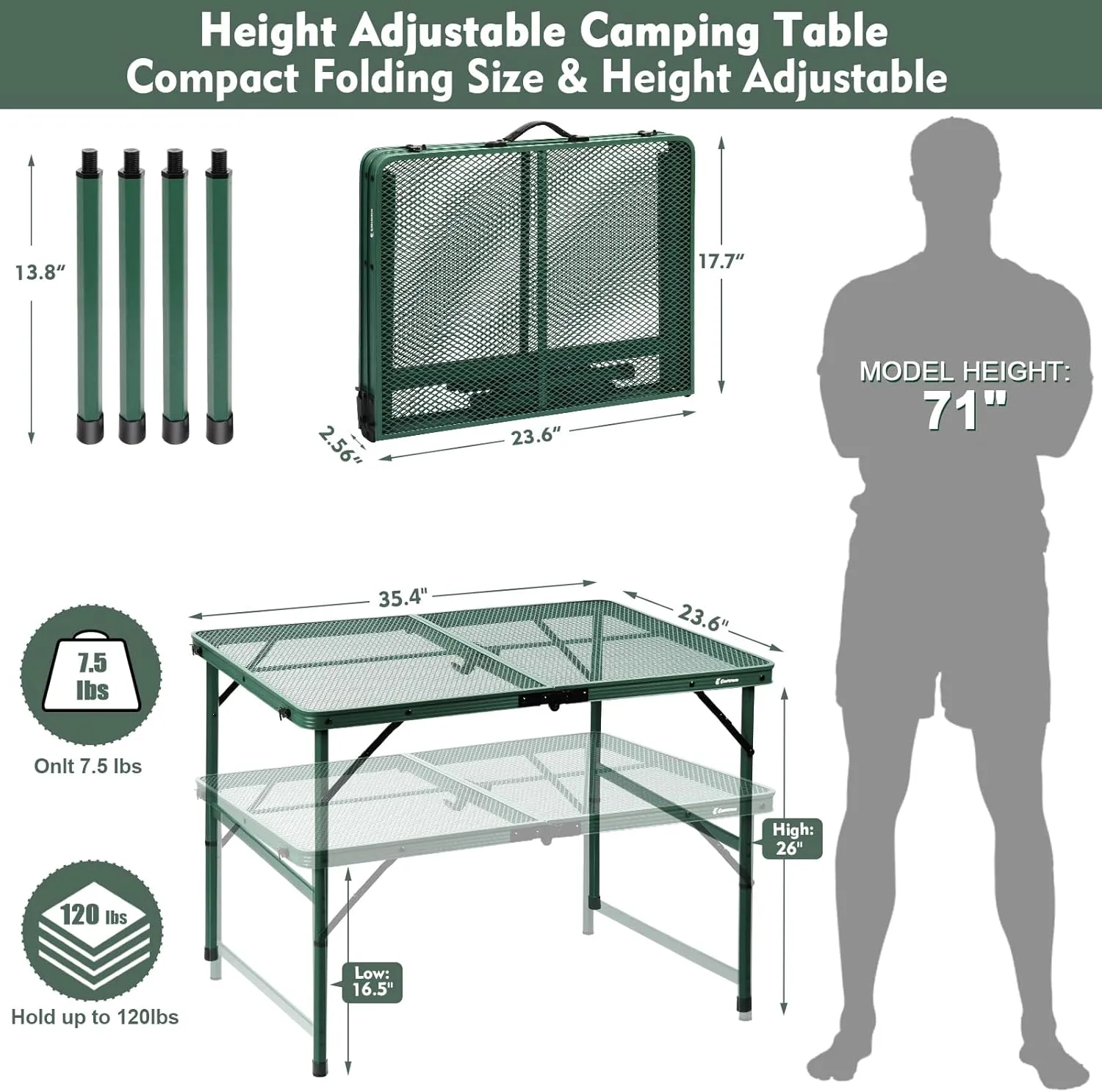 Folding Table, Easy for Storage, Compact and Portable Picnic Table for Grill, Outdoor Camping, Garden, Patio, Dining, BBQ, Party, Market, 3Ft (Medium, Green)