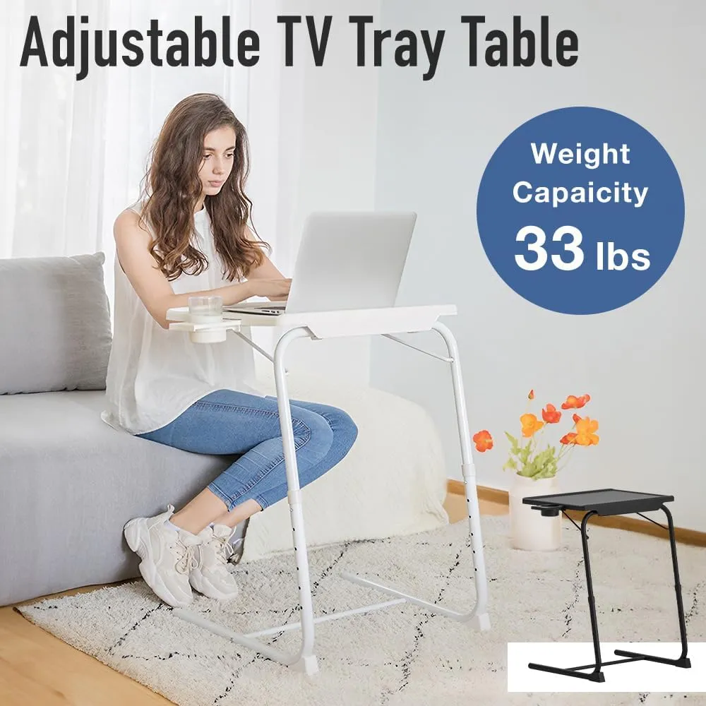 Folding TV Tray Table, Small Bedside Sofa Dinner Table with Cup Holder, Adjustable 6 Height & 3 Tilt Angle (Black - 1 pc)