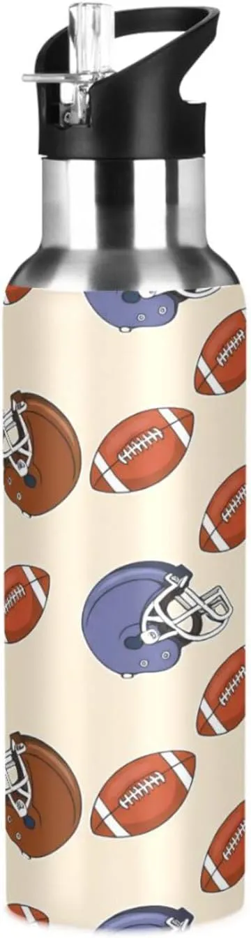 Football Sports Water Bottle with Straw, 22oz BPA Free Stainless Steel Vacuum Insulated Bottle for Gym Fitness Outdoor