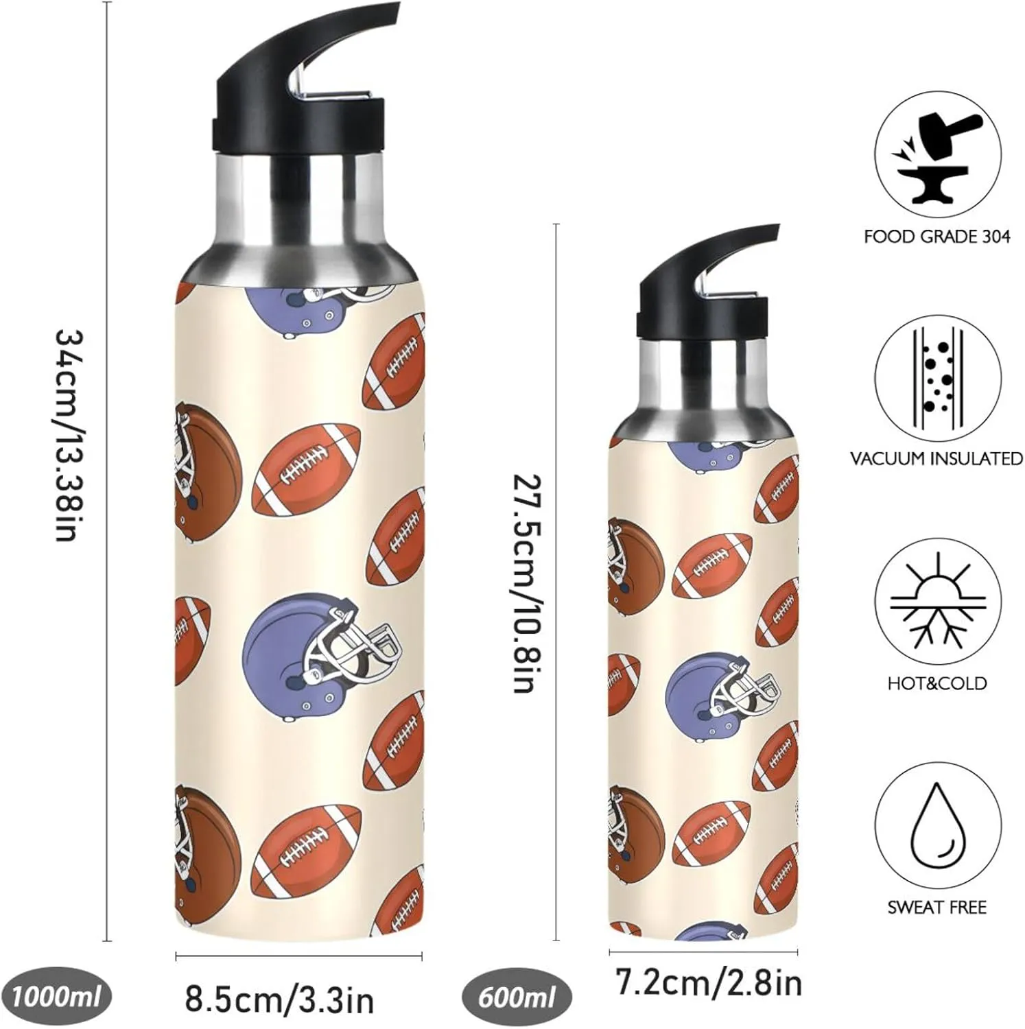 Football Sports Water Bottle with Straw, 22oz BPA Free Stainless Steel Vacuum Insulated Bottle for Gym Fitness Outdoor