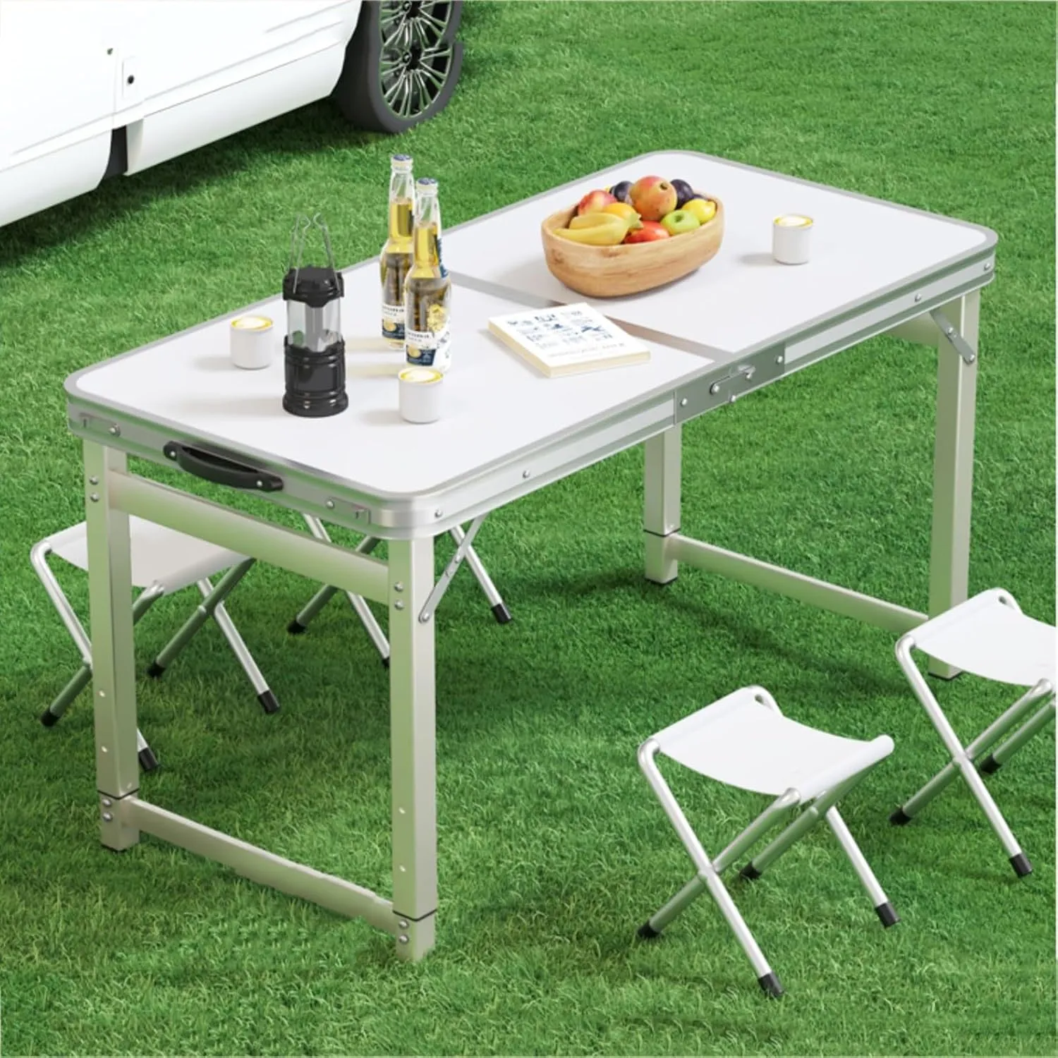 FQWYNMZ 4Ft Folding Camp Table, Folding Picnic Table for Outdoor, Aluminum Folding Table with 3 Adjustable Height, Lightweight Beach Table with Handle, for Home Picnic BBQ Garden(Color:White)