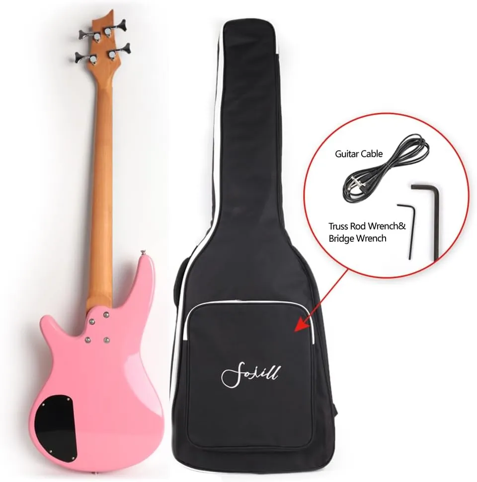 Full Size Standard Electric Bass Guitar Four 4 String Right Hand Handed Solid Basswood Body Roasted Canadian Maple Neck Genuine Rosewood Fretboard Fingerboard with Gig Bag