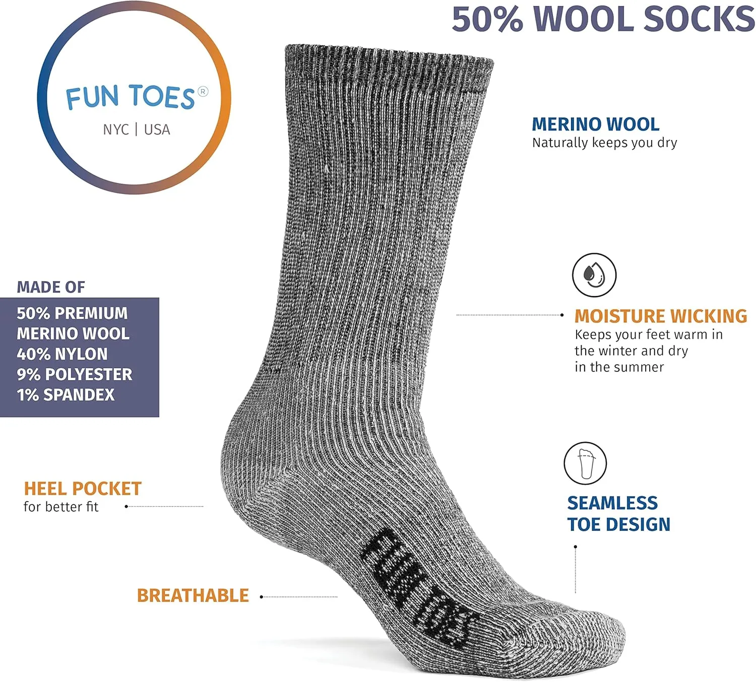 FUN TOES Men's Hiking Crew Merino Wool Socks 6 Pairs Lightweight, Reinforced Size 8-12