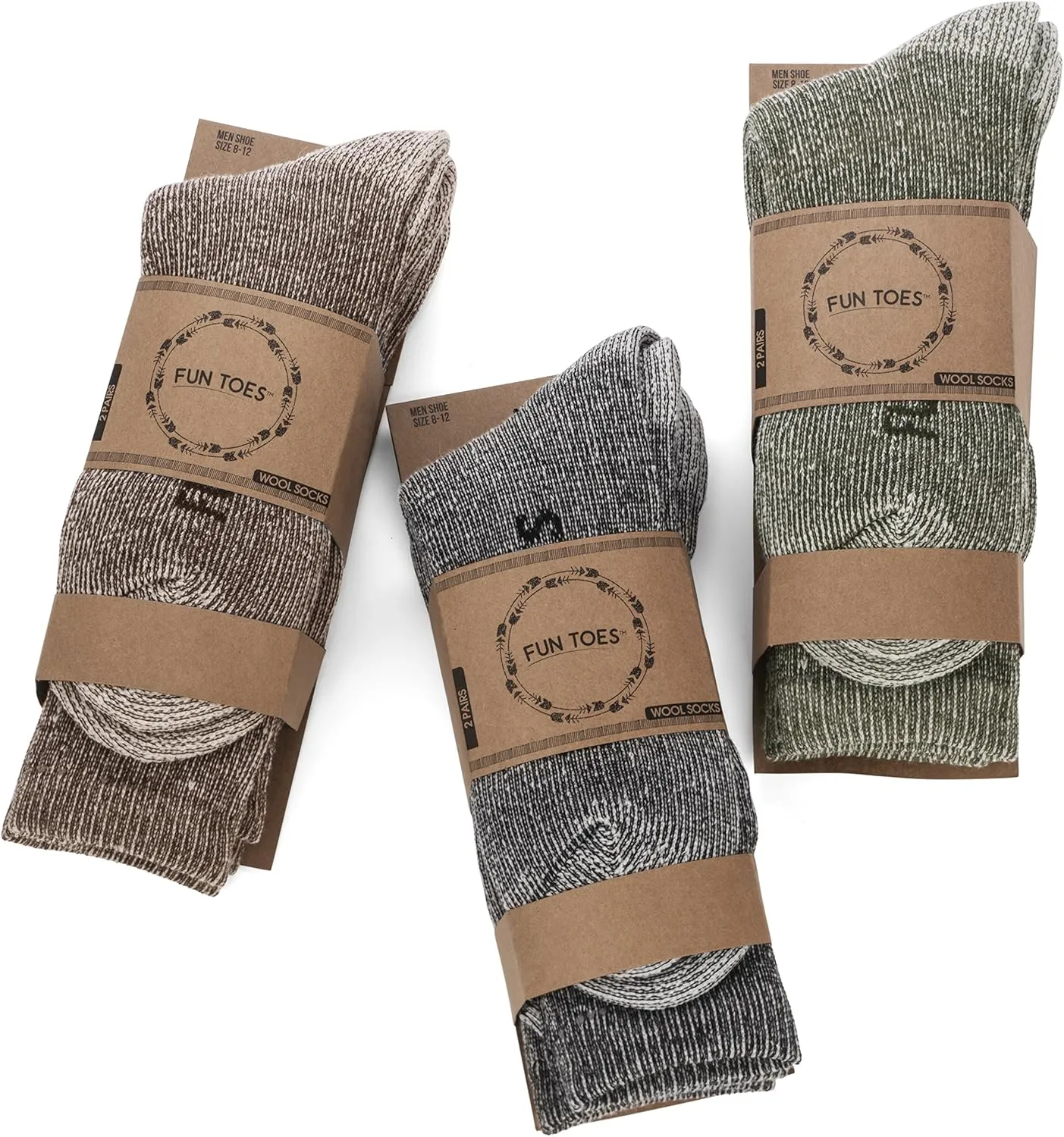 FUN TOES Men's Hiking Crew Merino Wool Socks 6 Pairs Lightweight, Reinforced Size 8-12