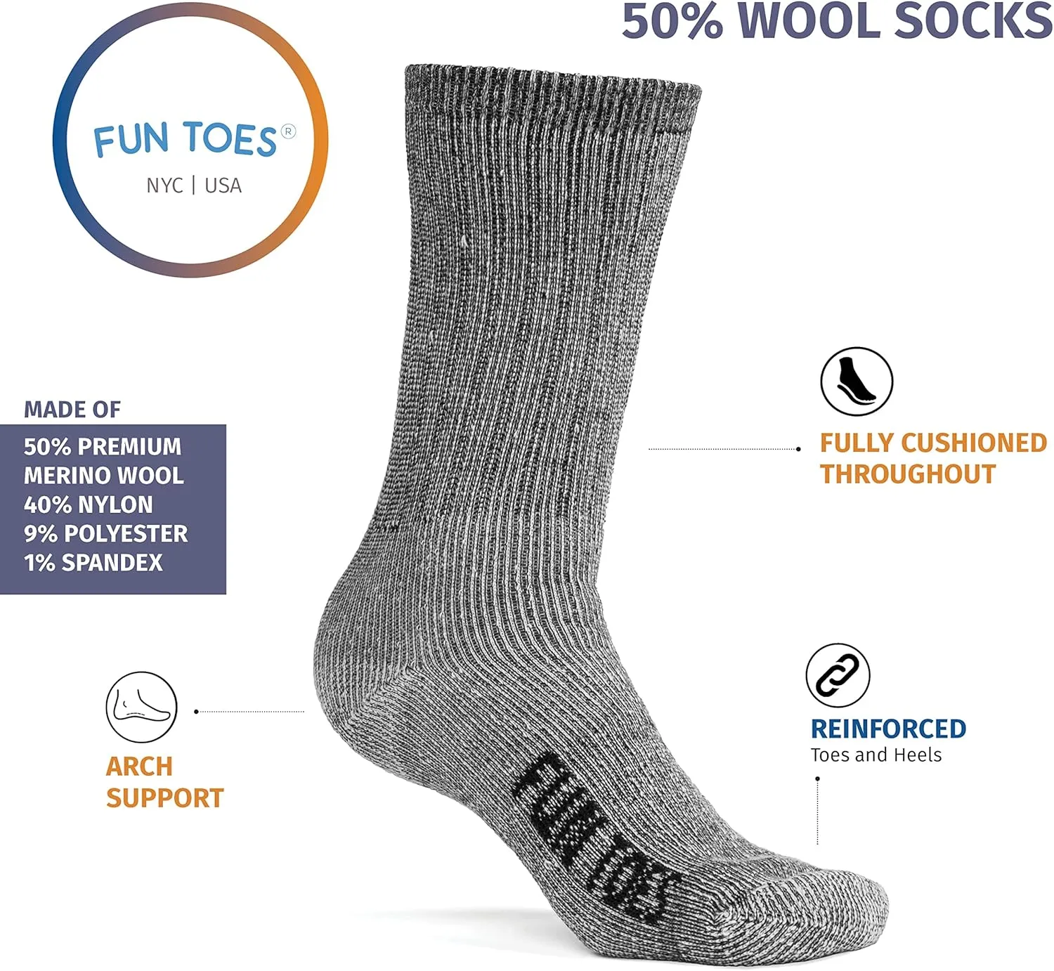 FUN TOES Men's Hiking Crew Merino Wool Socks 6 Pairs Lightweight, Reinforced Size 8-12