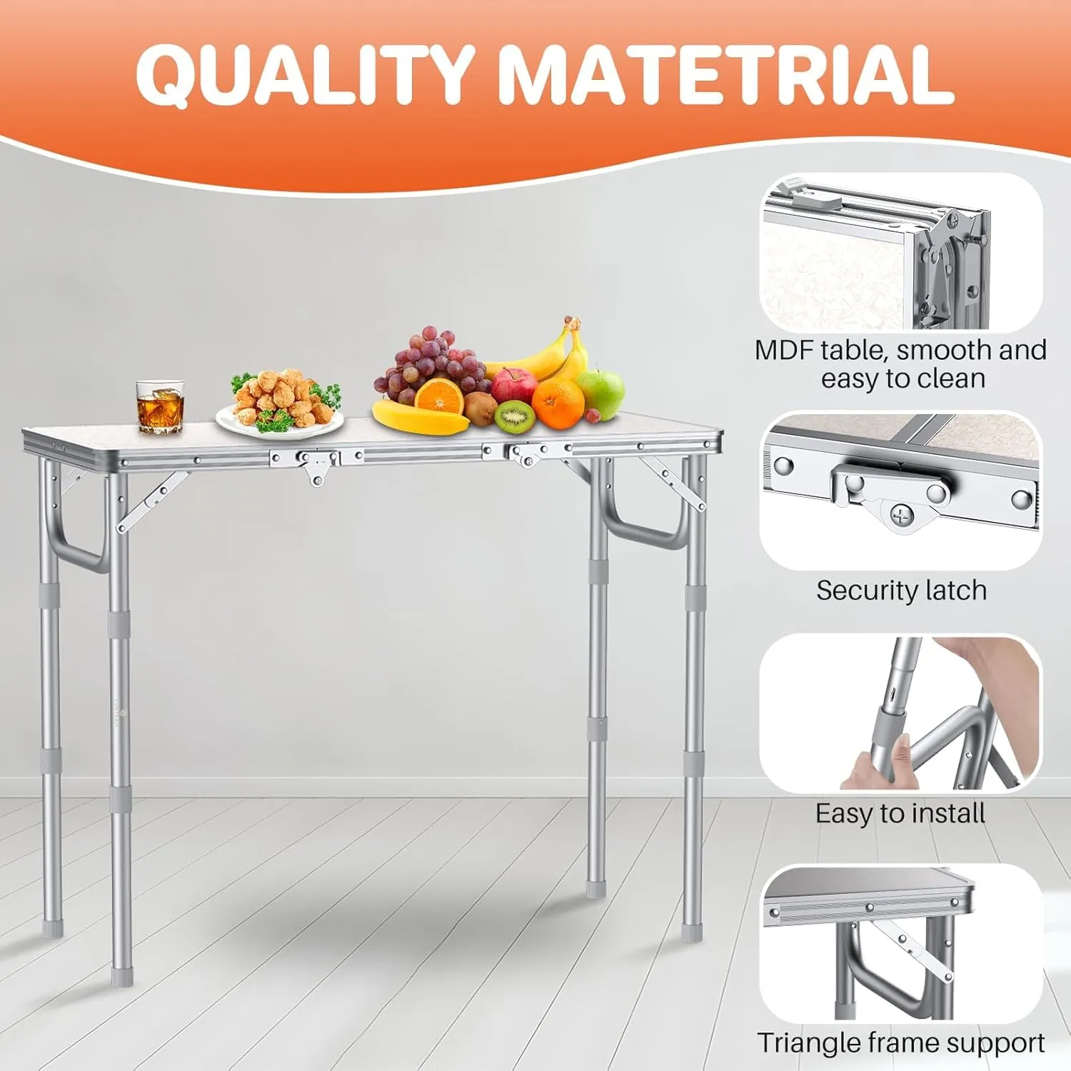 FUNYKICH 3ft Camping Folding Table with 3 Adjustable Height, Portable Picnic Tables, 34.2'' Lx15.7'' W Lightweight Aluminum Outdoor Table with Carry Handle for Camping, Picnic, Backyard, BBQ, White