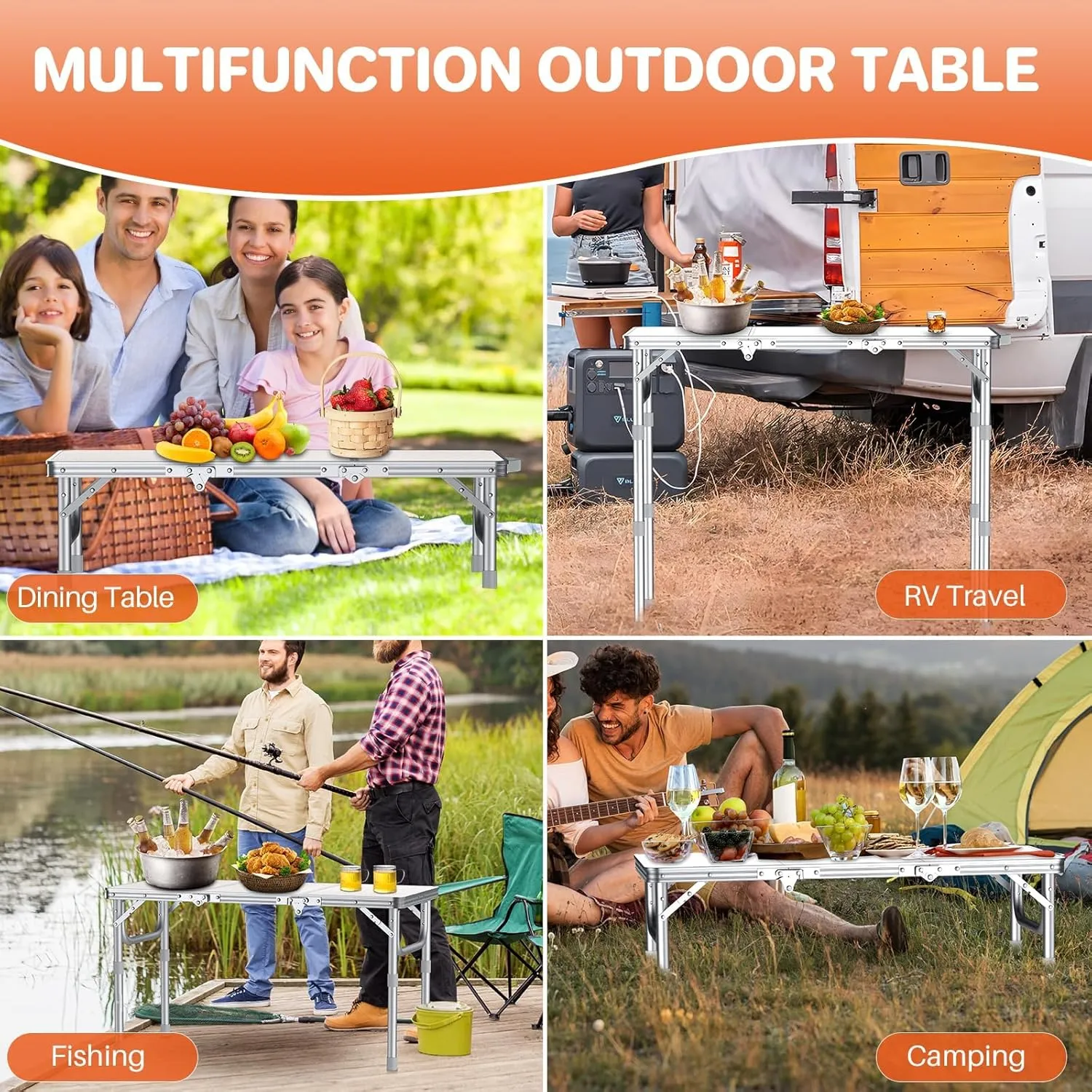 FUNYKICH 3ft Camping Folding Table with 3 Adjustable Height, Portable Picnic Tables, 34.2'' Lx15.7'' W Lightweight Aluminum Outdoor Table with Carry Handle for Camping, Picnic, Backyard, BBQ, White