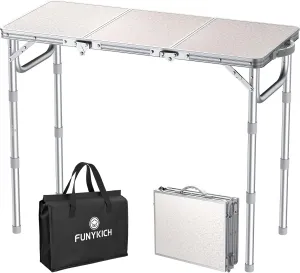 FUNYKICH 3ft Camping Folding Table with 3 Adjustable Height, Portable Picnic Tables, 34.2'' Lx15.7'' W Lightweight Aluminum Outdoor Table with Carry Handle for Camping, Picnic, Backyard, BBQ, White