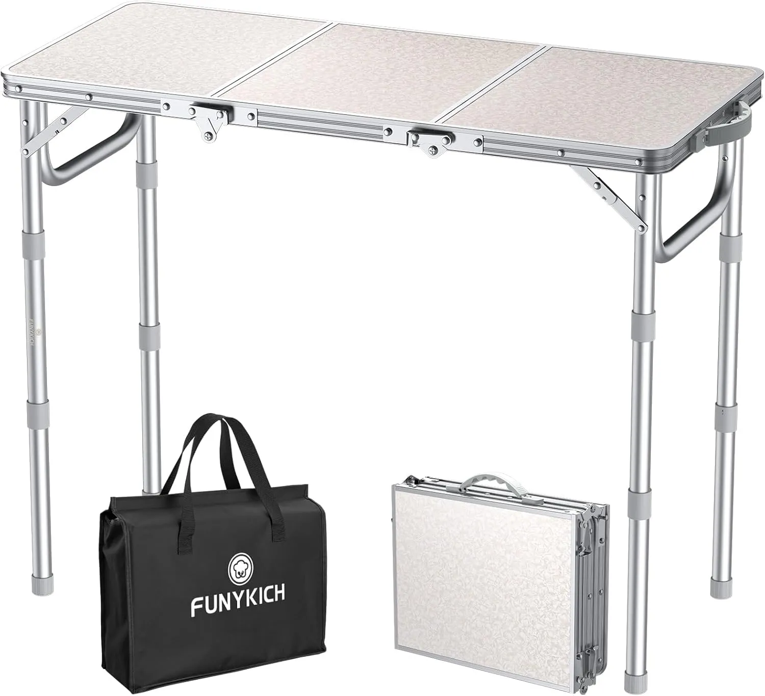 FUNYKICH 3ft Camping Folding Table with 3 Adjustable Height, Portable Picnic Tables, 34.2'' Lx15.7'' W Lightweight Aluminum Outdoor Table with Carry Handle for Camping, Picnic, Backyard, BBQ, White