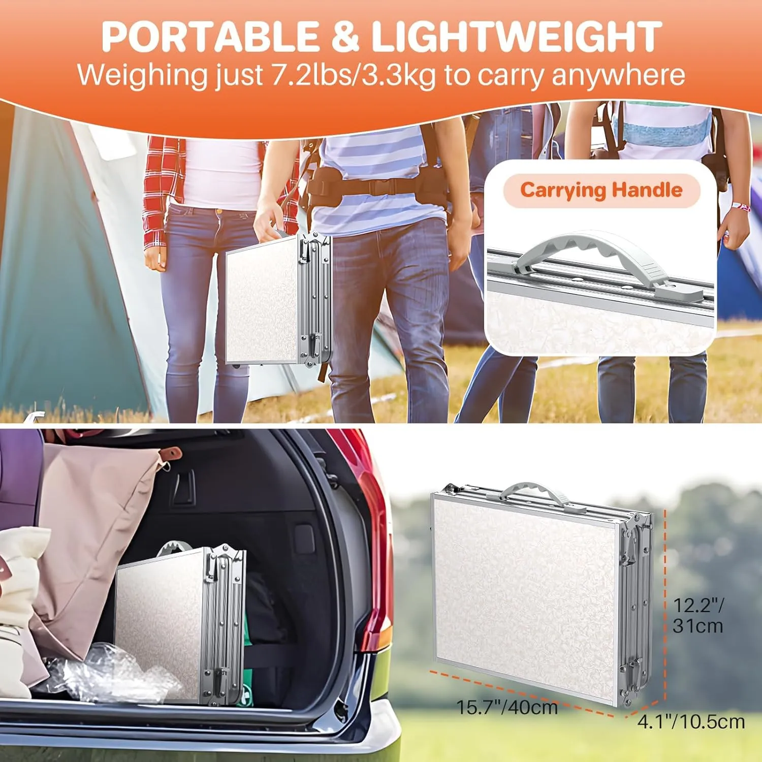 FUNYKICH 3ft Camping Folding Table with 3 Adjustable Height, Portable Picnic Tables, 34.2'' Lx15.7'' W Lightweight Aluminum Outdoor Table with Carry Handle for Camping, Picnic, Backyard, BBQ, White