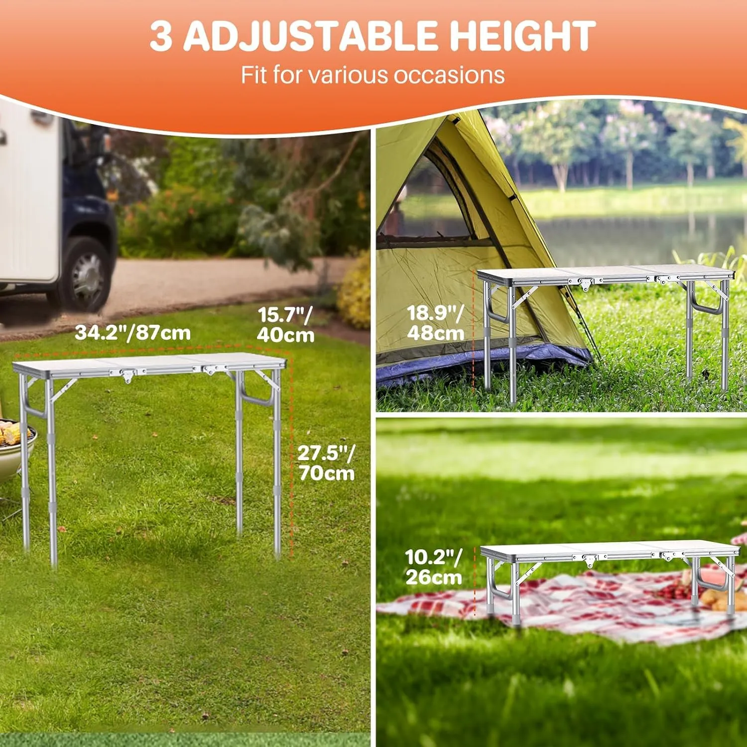 FUNYKICH 3ft Camping Folding Table with 3 Adjustable Height, Portable Picnic Tables, 34.2'' Lx15.7'' W Lightweight Aluminum Outdoor Table with Carry Handle for Camping, Picnic, Backyard, BBQ, White