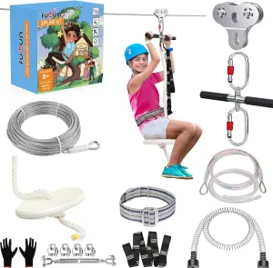 FUQUN 80 FT Zip Line for Kids and Adults, 304 Stainless Steel Up to 780 lb, 1/4 Inch Wire Rope Zipline Kit for Backyard and Outdoor Play Equipment