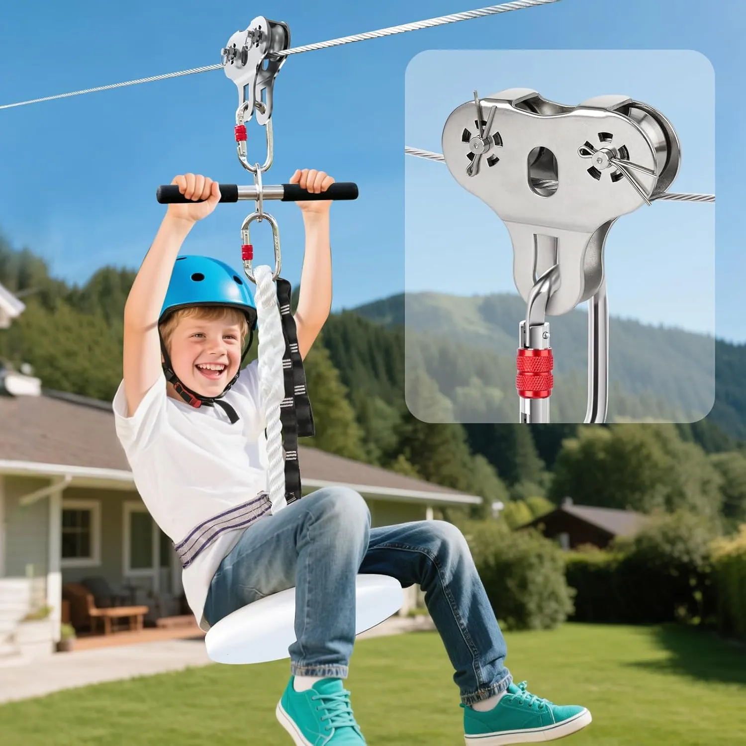 FUQUN 80 FT Zip Line for Kids and Adults, 304 Stainless Steel Up to 780 lb, 1/4 Inch Wire Rope Zipline Kit for Backyard and Outdoor Play Equipment