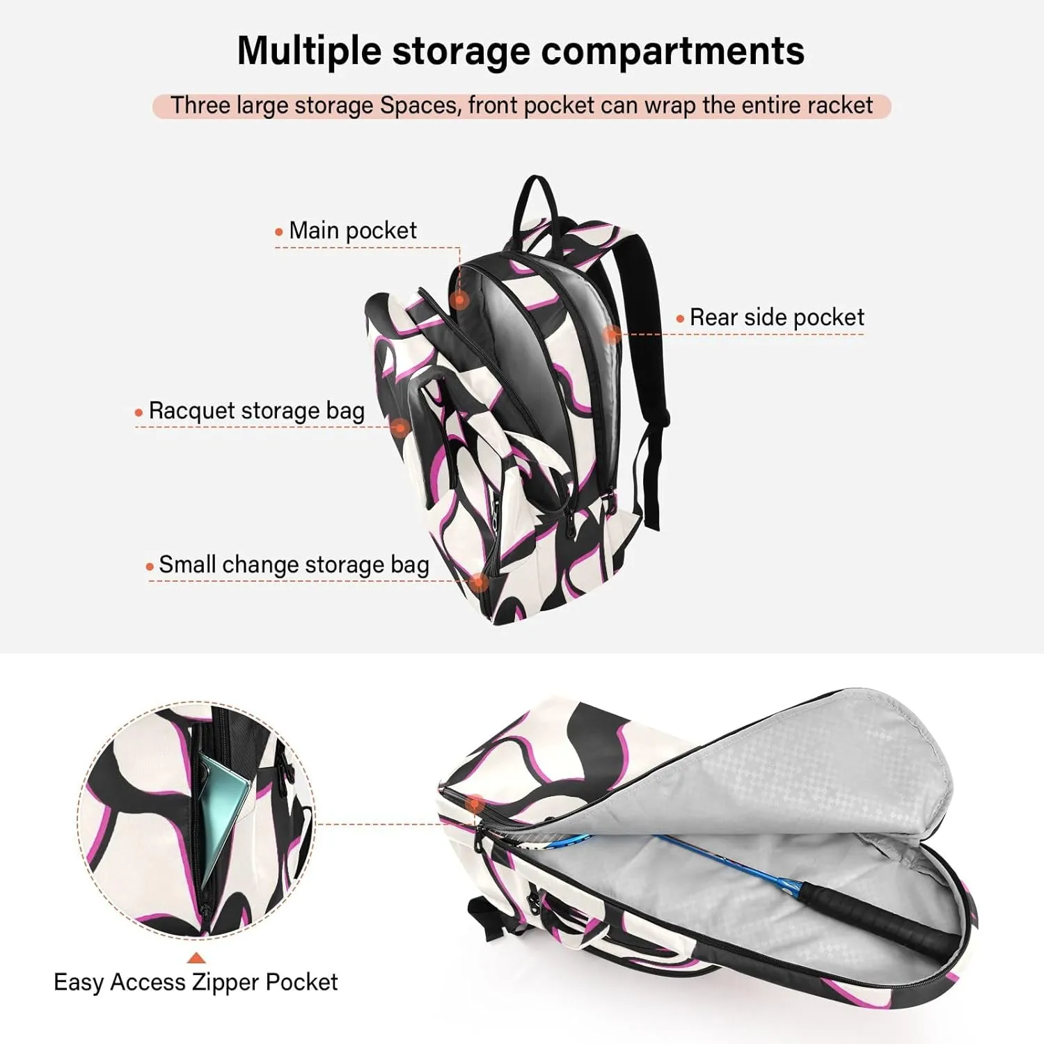 GAIGEO Basketball Sports Doodles Black Tennis Racket Backpack, Large Capacity Pickleball Holder, Various Storage Methods