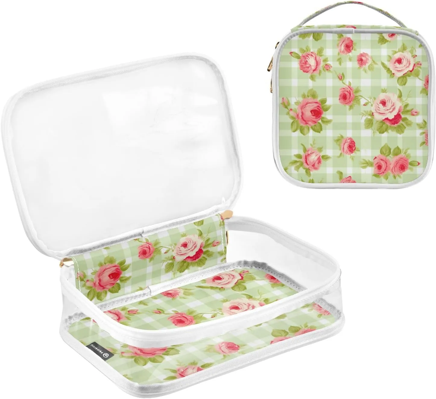 GAIGEO Red Roses Floral Green Checkerboard Travel Transparent Bag, Toiletry Bag 2 Pack, Cosmetic Travel Accessories, 2 Pack