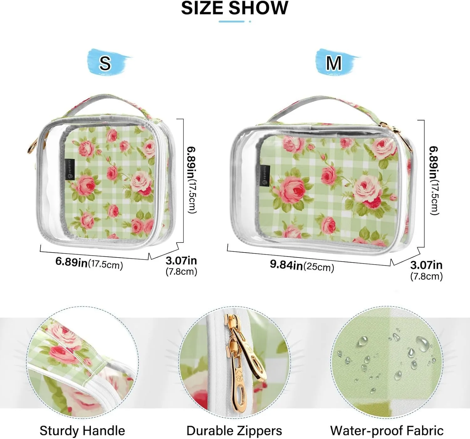 GAIGEO Red Roses Floral Green Checkerboard Travel Transparent Bag, Toiletry Bag 2 Pack, Cosmetic Travel Accessories, 2 Pack