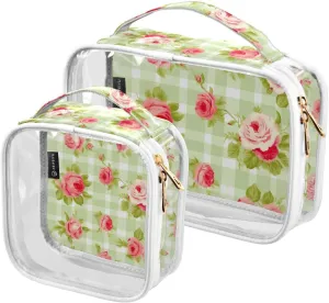GAIGEO Red Roses Floral Green Checkerboard Travel Transparent Bag, Toiletry Bag 2 Pack, Cosmetic Travel Accessories, 2 Pack