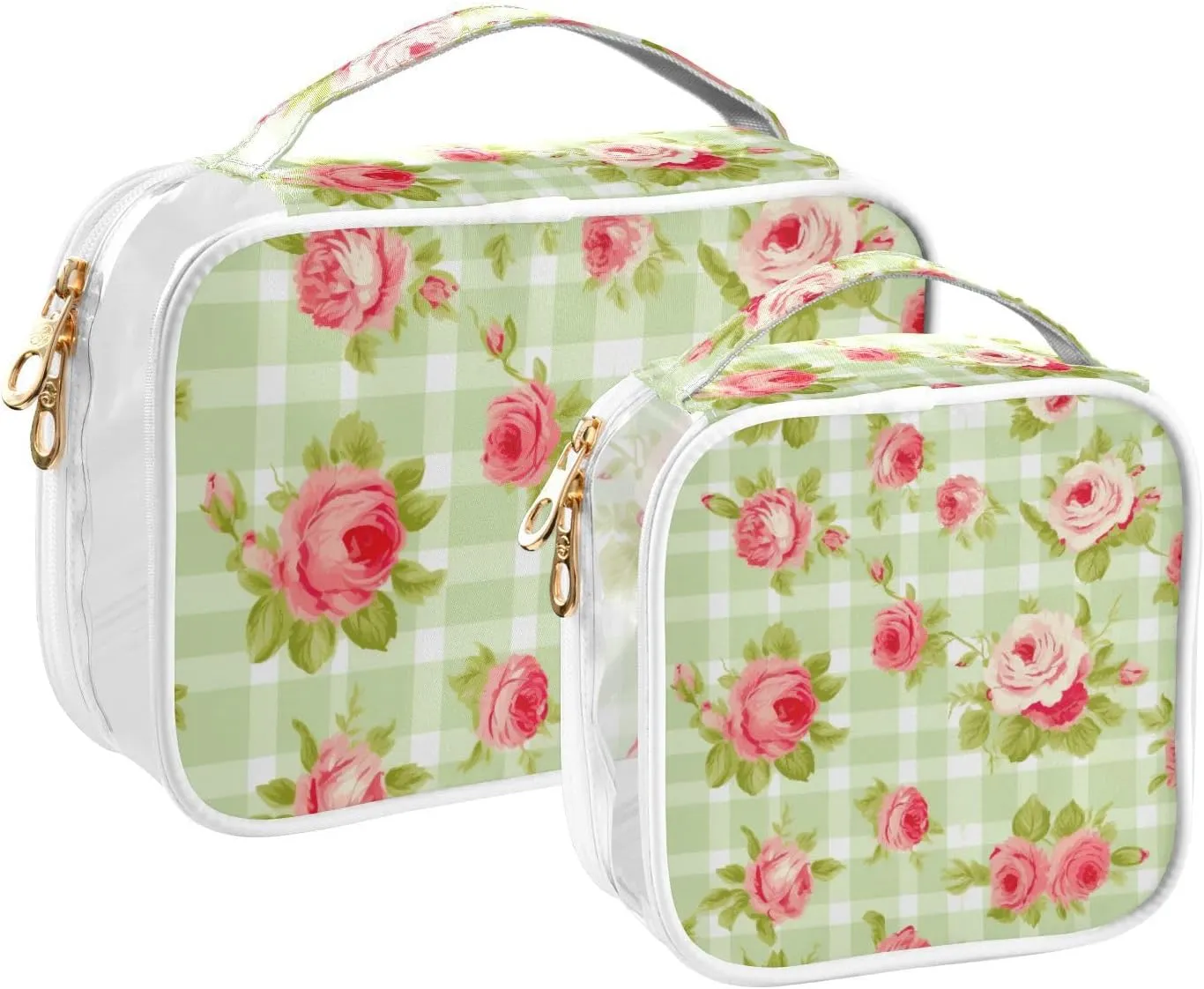 GAIGEO Red Roses Floral Green Checkerboard Travel Transparent Bag, Toiletry Bag 2 Pack, Cosmetic Travel Accessories, 2 Pack