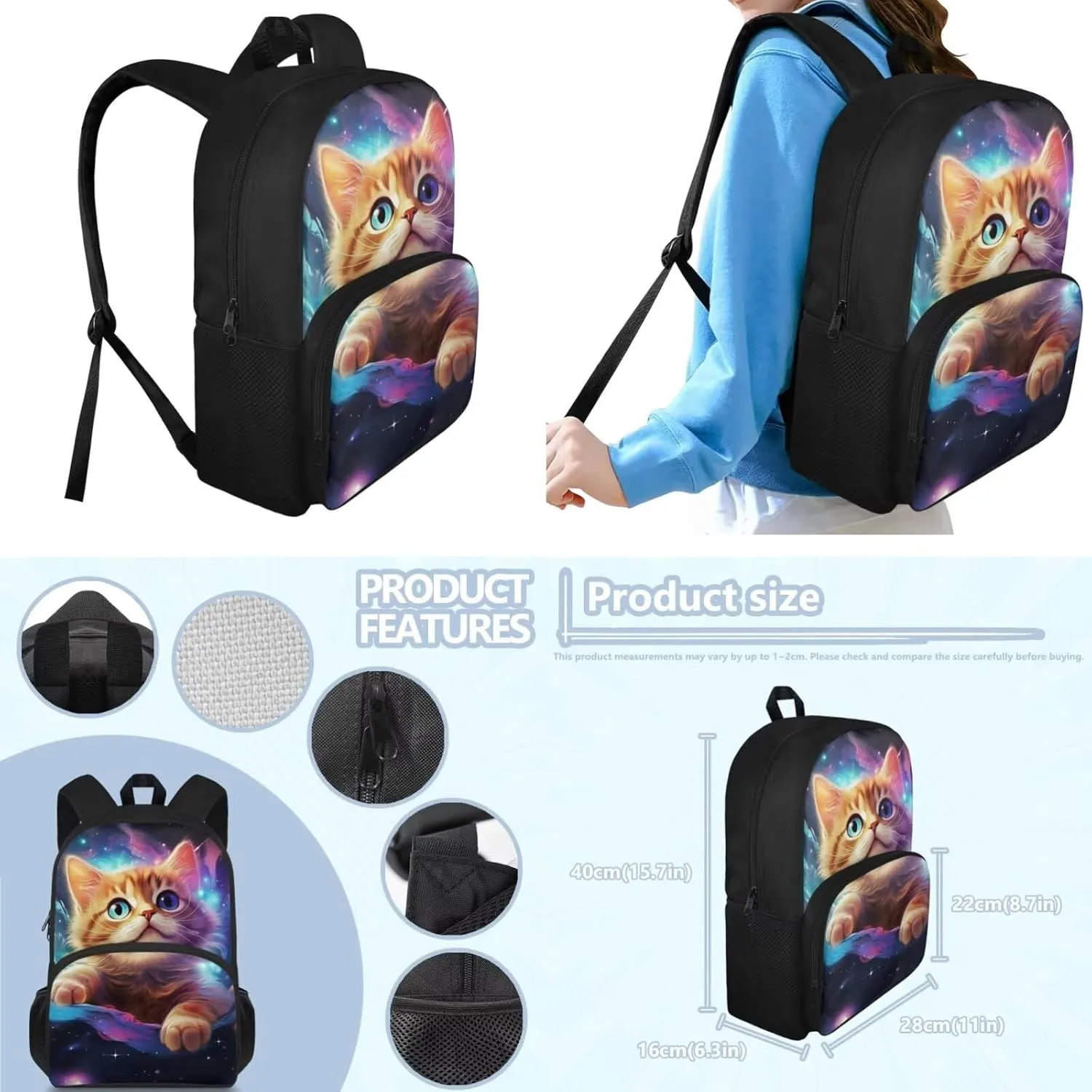 Galaxy Backpack for Kids Cat Prints Backpack for Girls Primary School Fashion School Backpack Set with Insulated Lunch Box and Cute Pencil Case 15 Inch Shoulder Bags for Teens