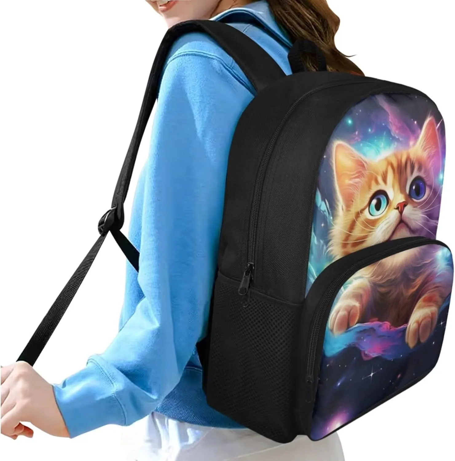 Galaxy Backpack for Kids Cat Prints Backpack for Girls Primary School Fashion School Backpack Set with Insulated Lunch Box and Cute Pencil Case 15 Inch Shoulder Bags for Teens