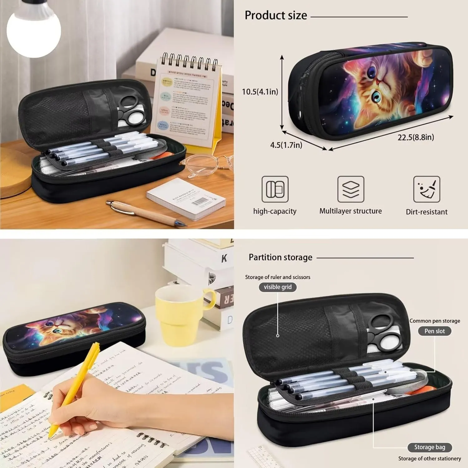Galaxy Backpack for Kids Cat Prints Backpack for Girls Primary School Fashion School Backpack Set with Insulated Lunch Box and Cute Pencil Case 15 Inch Shoulder Bags for Teens