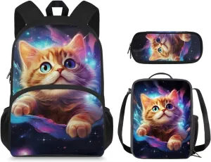 Galaxy Backpack for Kids Cat Prints Backpack for Girls Primary School Fashion School Backpack Set with Insulated Lunch Box and Cute Pencil Case 15 Inch Shoulder Bags for Teens