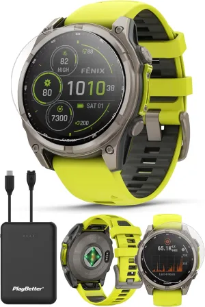 Garmin Fenix 8 Solar Sapphire (47mm, Titanium/Amp Yellow) Multisport GPS Smartwatch Bundle - 1.4” Touchscreen, Built-in LED Flashlight with PlayBetter Portable Charger & Screen Protectors