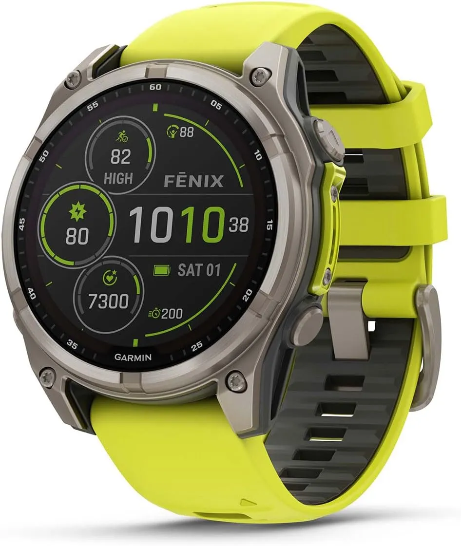 Garmin Fenix 8 Solar Sapphire (47mm, Titanium/Amp Yellow) Multisport GPS Smartwatch Bundle - 1.4” Touchscreen, Built-in LED Flashlight with PlayBetter Portable Charger & Screen Protectors