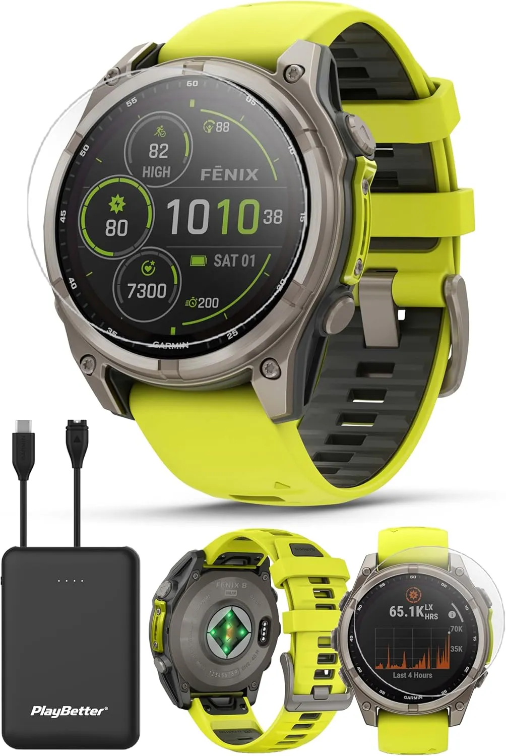 Garmin Fenix 8 Solar Sapphire (47mm, Titanium/Amp Yellow) Multisport GPS Smartwatch Bundle - 1.4” Touchscreen, Built-in LED Flashlight with PlayBetter Portable Charger & Screen Protectors
