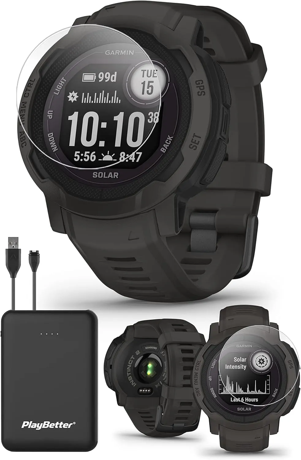 Garmin Instinct 2 Solar (Graphite) Rugged GPS Smartwatch Bundle - Outdoor Watch with Multi GNSS, Compass, Heart Rate, Large, 45mm - Includes PlayBetter Screen Protectors & Portable Charger