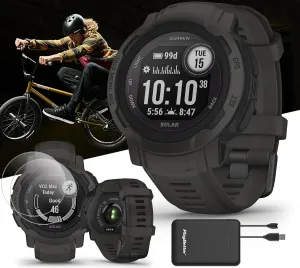 Garmin Instinct 2 Solar (Graphite) Rugged GPS Smartwatch Bundle - Outdoor Watch with Multi GNSS, Compass, Heart Rate, Large, 45mm - Includes PlayBetter Screen Protectors & Portable Charger