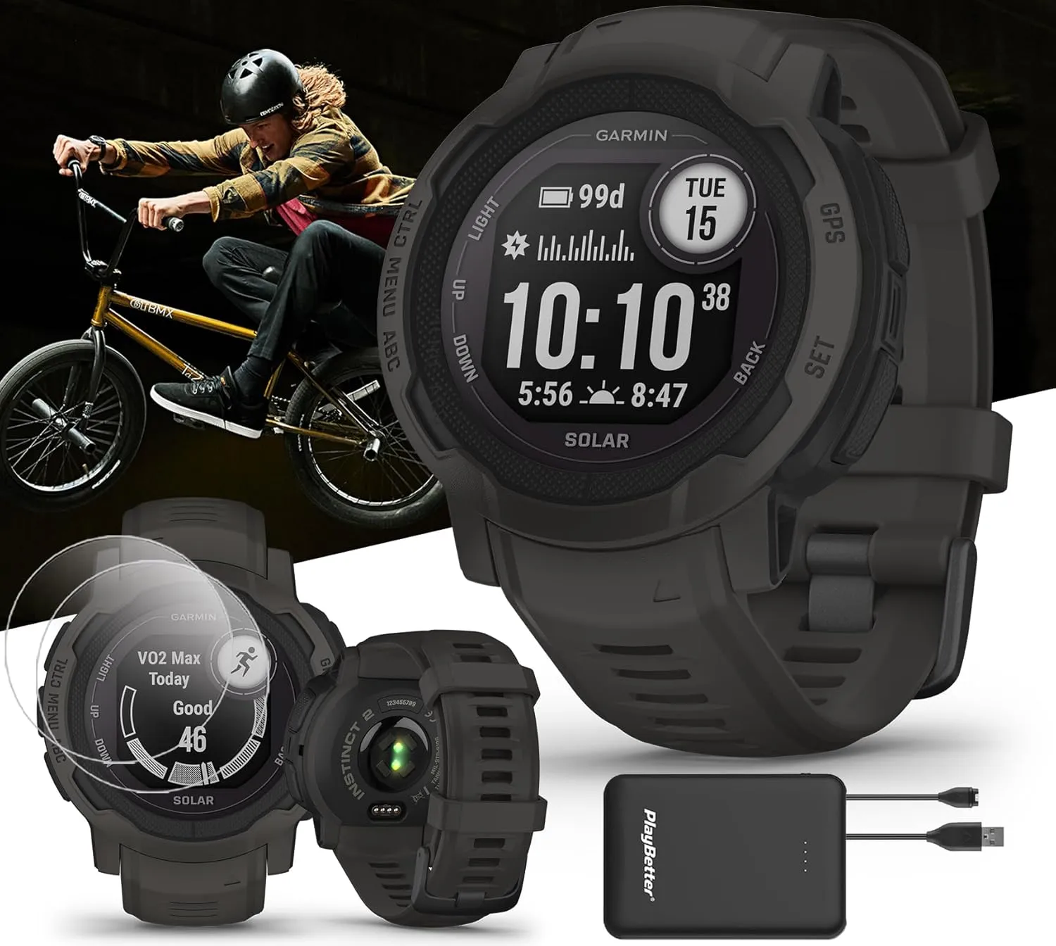 Garmin Instinct 2 Solar (Graphite) Rugged GPS Smartwatch Bundle - Outdoor Watch with Multi GNSS, Compass, Heart Rate, Large, 45mm - Includes PlayBetter Screen Protectors & Portable Charger