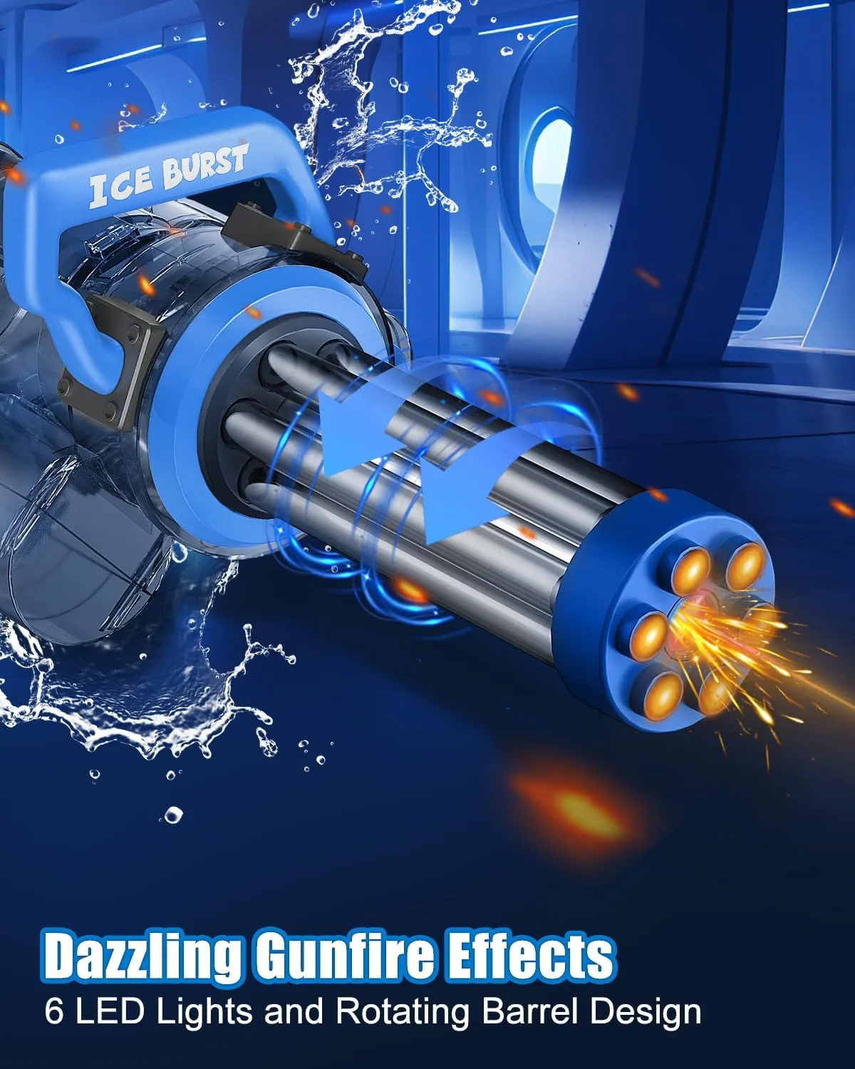 Gatling Electric Water Gun for Adults & Kids,The Most Powerful Full Auto Squirts Gun with Large Capacity Water Storage Backpack,Up to 36ft Shooting Range,Dazzling Gunfire Effects Muzzle Flash-Blue