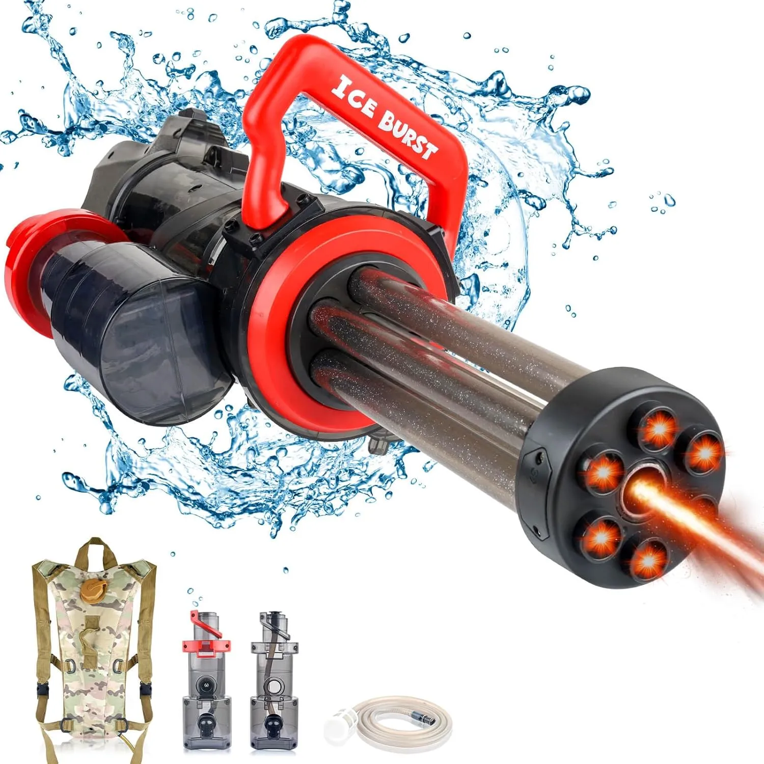 Gatling Water Gun, Powerful Electric Water Gun Rotating Water Gatling Gun with Plumbing & Backpack, Strongest Water Squirt Gun with Gunfire Lights Long Range Watergun for Pool, Outdoor